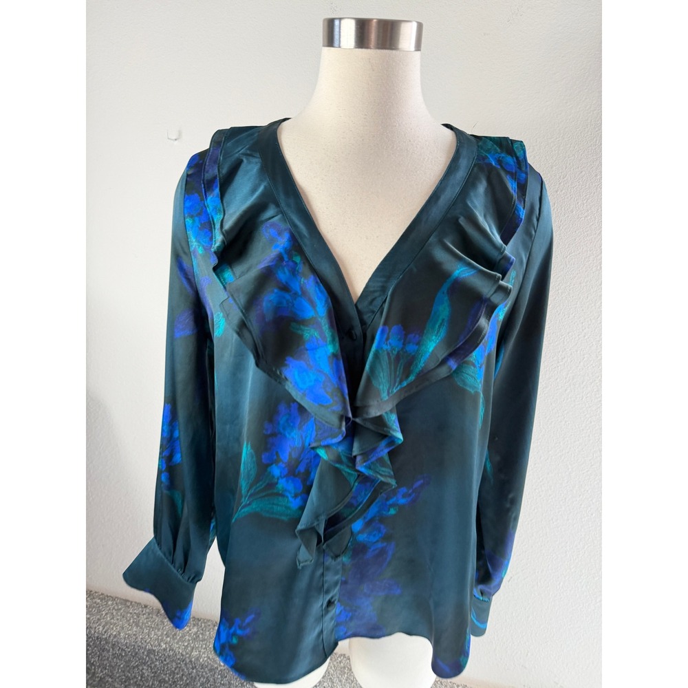 White House Black Market Medium Ruffle V Neck Floral Satin Blouse Teal Blue